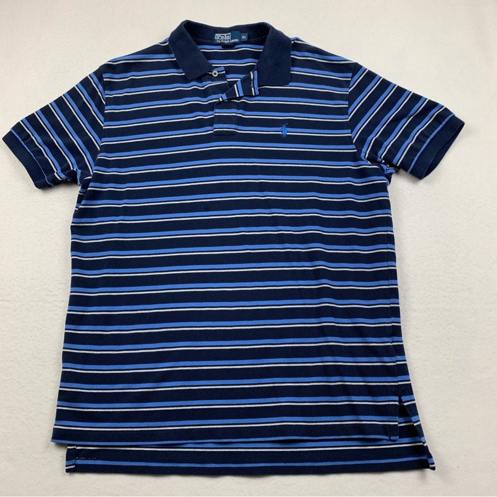 Polo Ralph Lauren Shirt‎ Men's XL Polo Navy Blue Stripe Cotton Long Tail